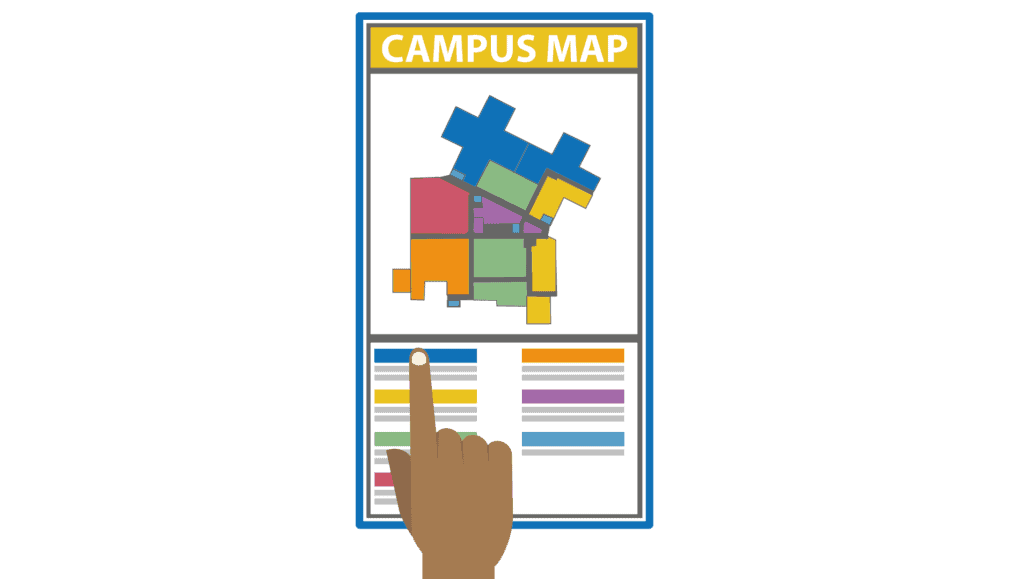 A wayfinding solution map can help you find your way around a large campus or school grounds 