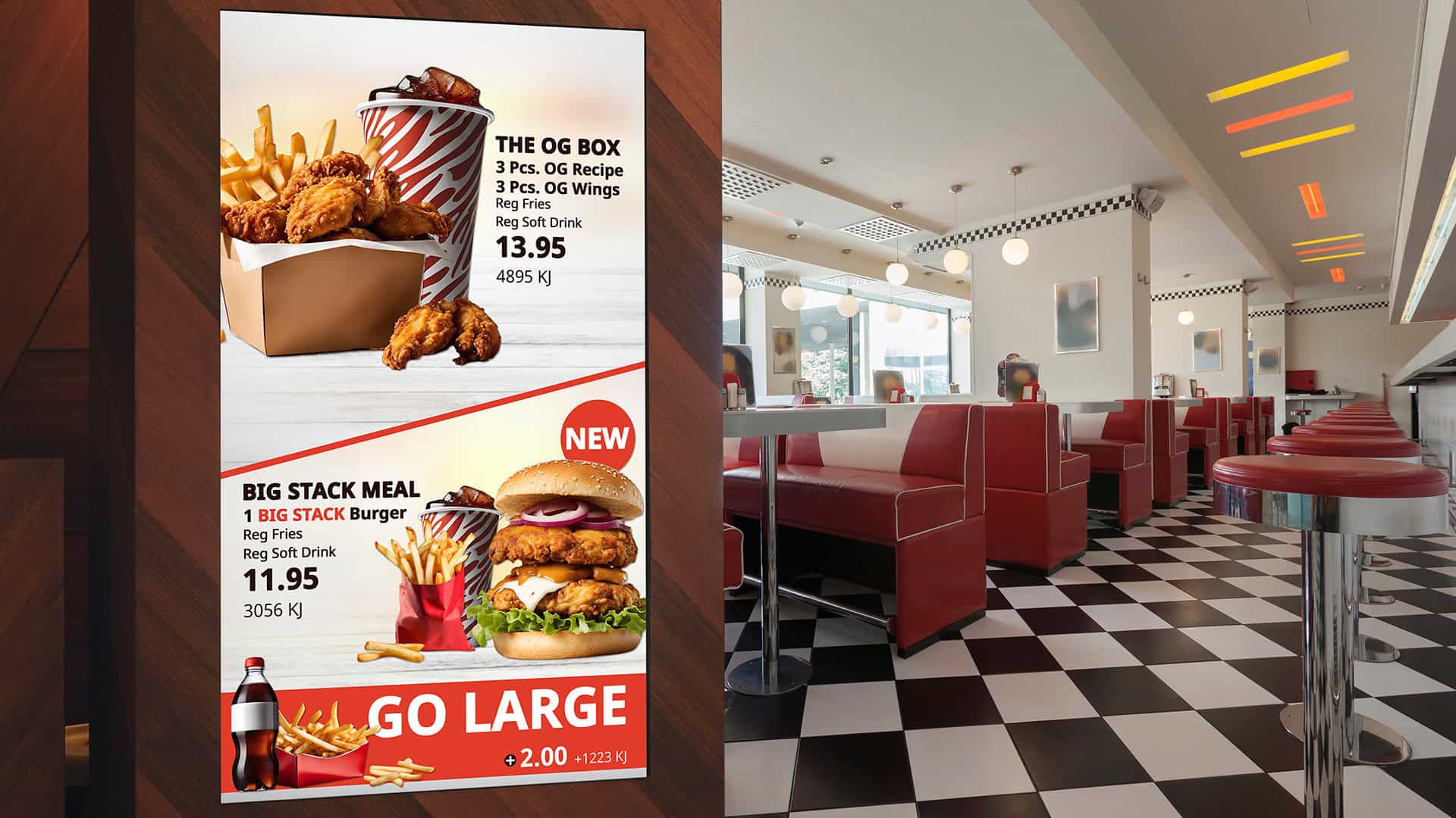 Digital signage showing menuboards in a QSR restaurant