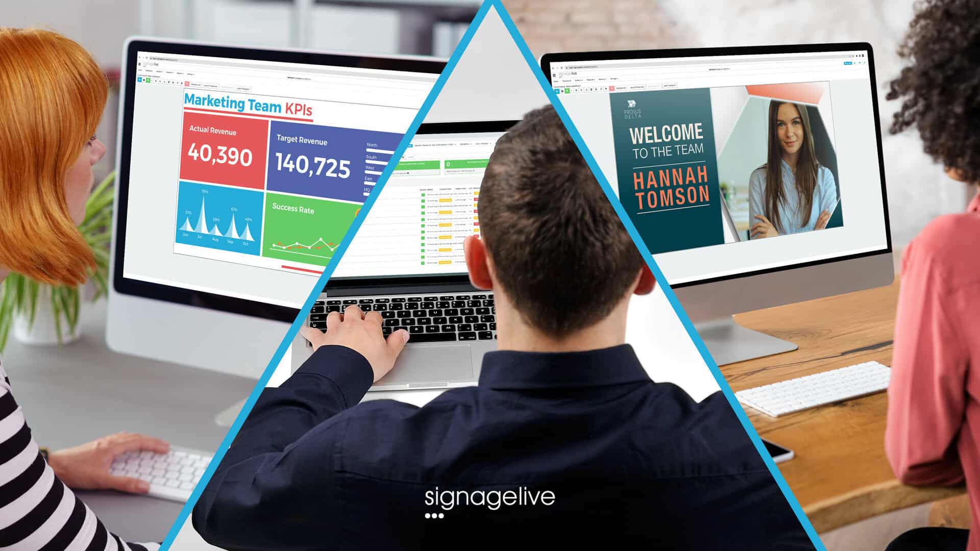 Digital signage screens can be used in large enterprises to show KPIs, UI dashboards, and welcome messages