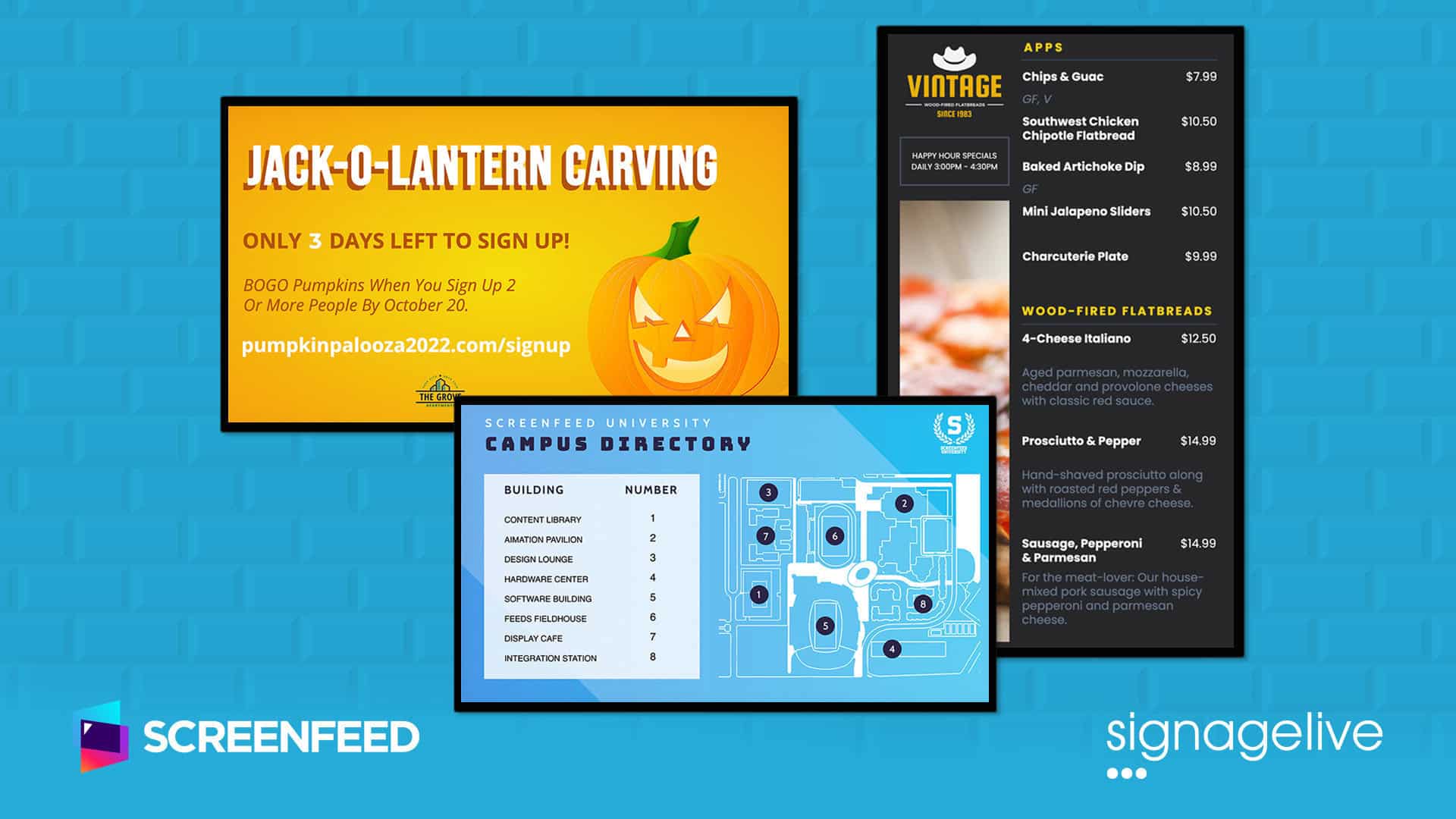 Screenfeed content examples such as customer communications wayfinding and menus