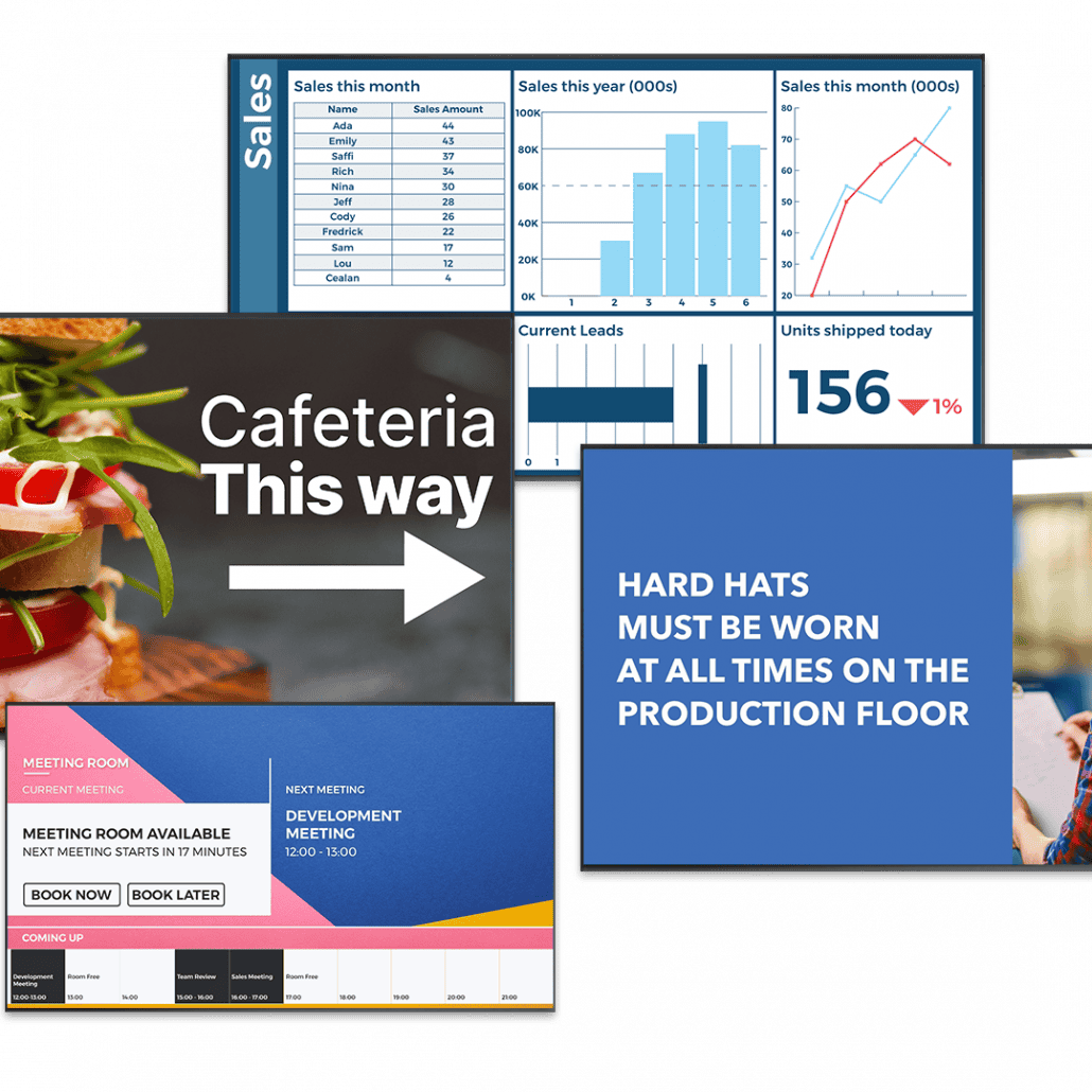 Shows examples of content on digital signage screens