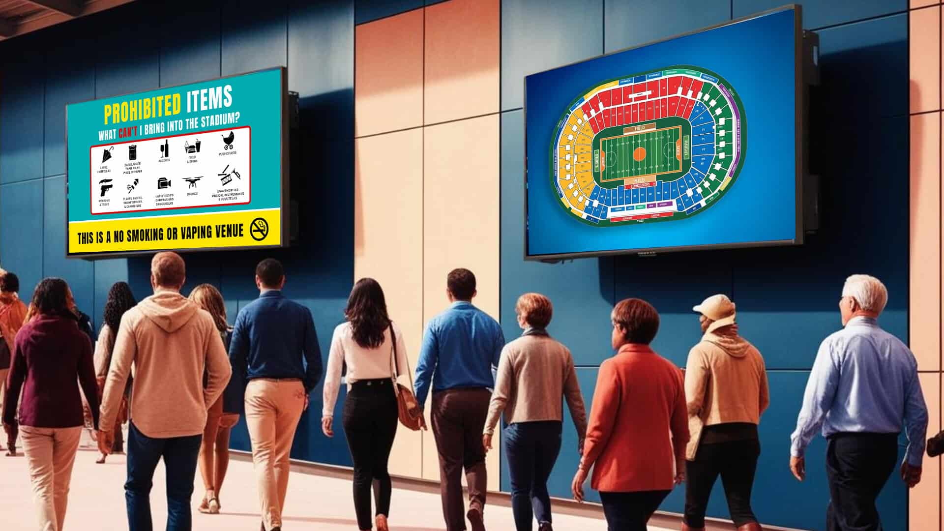 Digital screens can be used in large conference areas to show instructions or maps
