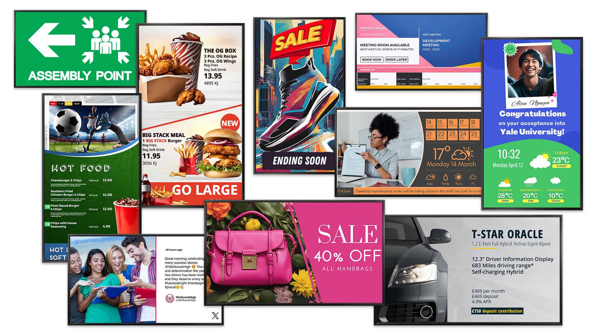 Showing digital signage across screens in various locations 